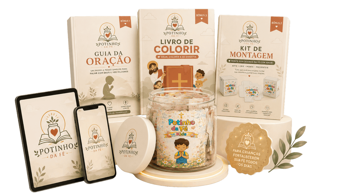 Pacote completo do Potinho da Fé: o potinho com orações, aplicativo, Guia da Oração, Livro de Colorir e Kit de Montagem