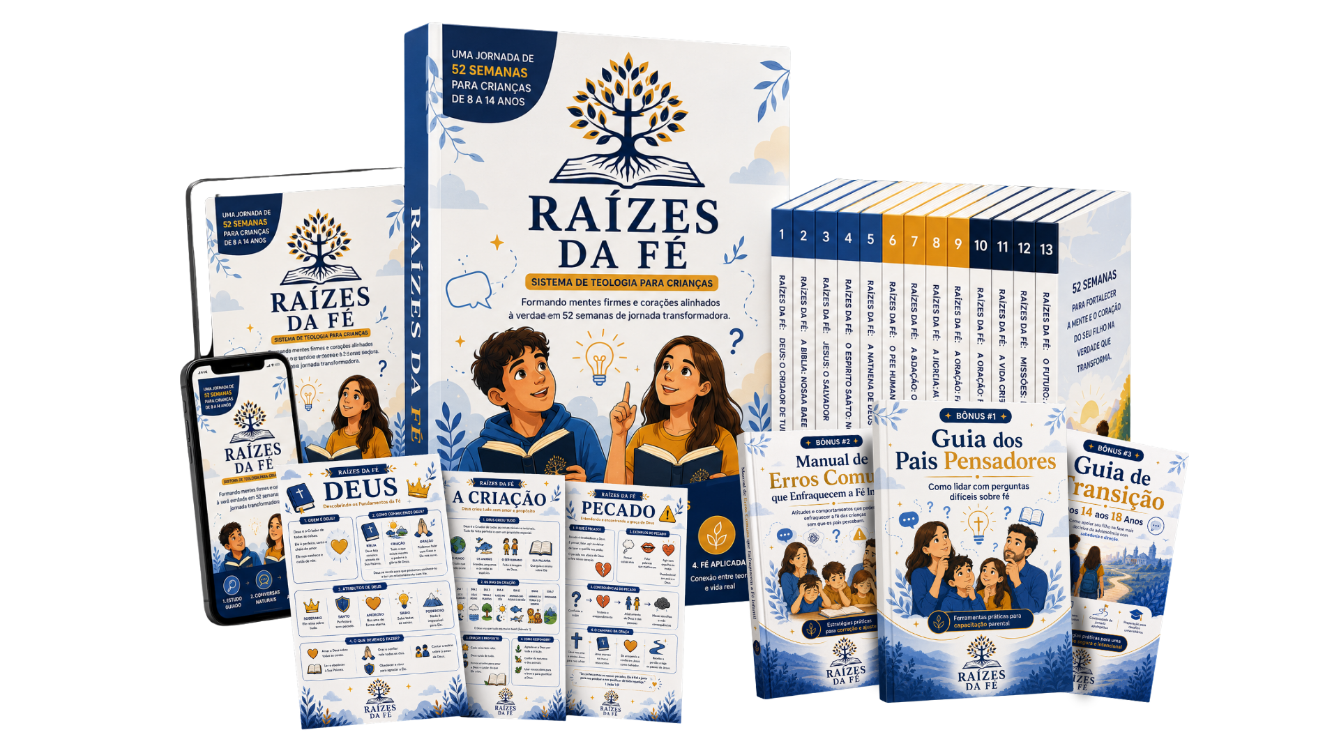 Coleção completa do Sistema Raízes da Fé: box, 13 livros, infográficos, 3 bônus e versão digital para celular